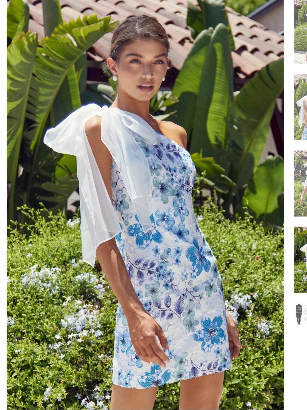 adelyn rae lua blue & white floral lace draped sleeve one shoulder dress small